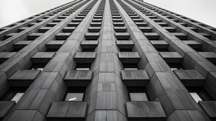Extreme low angle black and white shot of a massive concrete office building