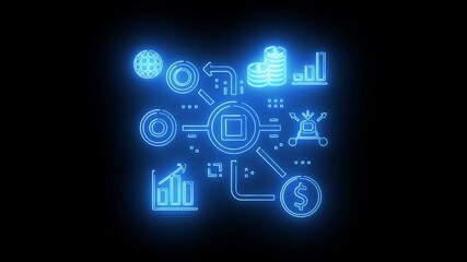 Data analytics dashboard workflow with graphs metrics charts and system icons in glowing neon blue - Powered by Adobe