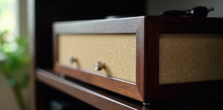 Retro Wooden Speaker Box on Vintage Record Player Shelf A close up, eye level shot of a vintage, dark wood grained audio speaker box with a cream colored fabric grill. It sits on a dark wooden shelf