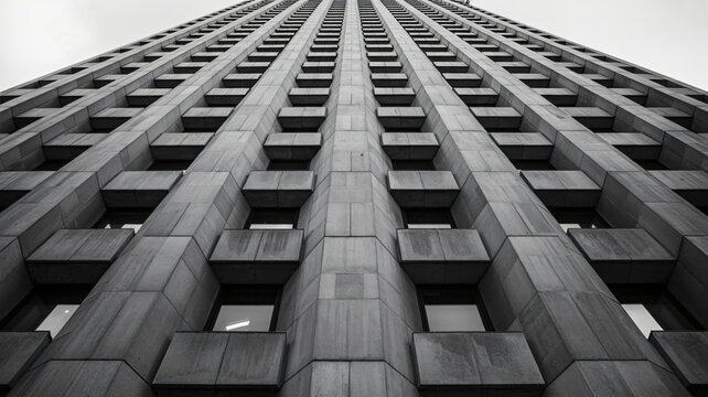 Extreme low angle black and white shot of a massive concrete office building