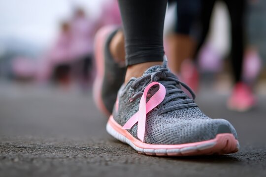 Close up view of a pink ribbon tied on a running shoe during a breast cancer awareness event in a lively outdoor setting