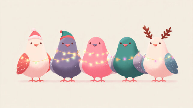 funny christmas pigeons standing in a row wearing festive hats sweaters and holiday lights, cute winter character illustration for cards merchandise and seasonal designs	
