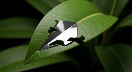 futuristic concept of chrome metal shape embedded inside a natural green leaf representing eco technology