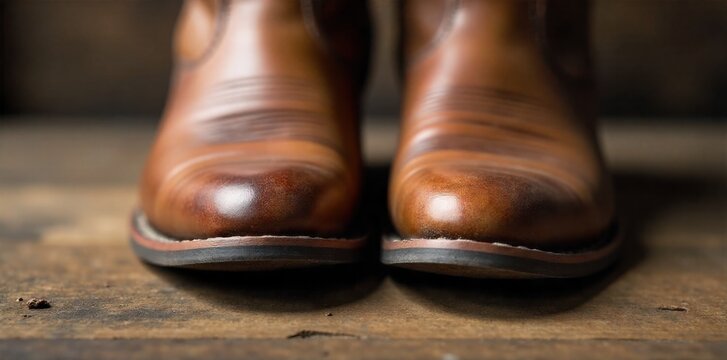 Rustic Leather Boots Against Weathered Wood Close up photo of a pair of worn leather boots on a rustic wooden surface. Focus on texture and detail. Natural lighting.