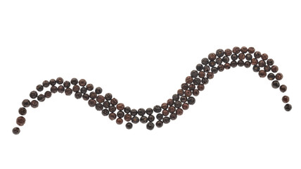 A long, elegant wave of dark black peppercorns curves across a solid transparent background, showcasing the spice's texture and form. background removed