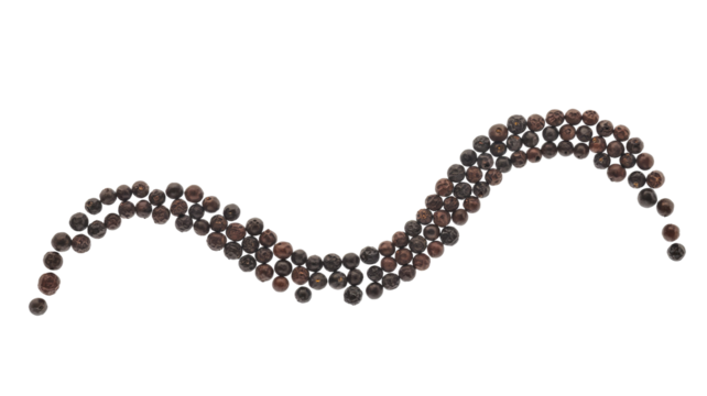 A long, elegant wave of dark black peppercorns curves across a solid transparent background, showcasing the spice's texture and form. background removed