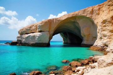 Fototapeta premium Secluded cove with a natural rock archway carved by the ocean, surrounded by turquoise water. A secluded Bahamian cove featuring a naturally sculpted rock archway. The clear turquoise ocean water