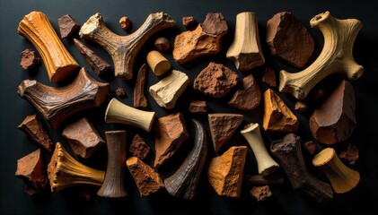 Butcher Metal Abstract Sculptural Form of Weld Scraps Animal Bone Fragments Abstract, sculptural arrangement of jagged, welded metal scraps and stark, bleached animal bone fragments, carefully