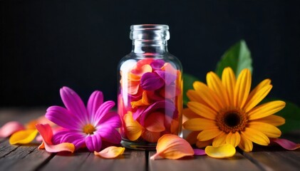 Petal Infused Massage Oil Close up of Flower Extracts Macro photograph of a clear glass bottle filled with massage oil and infused with colorful flower petals.