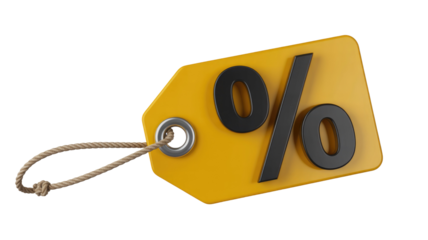 A vibrant 3D yellow discount tag prominently displaying a black percentage symbol, secured with a rustic rope and metal grommet. background removed