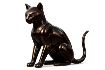 Futuristic cat statue in bronze, a modern stylized robotic feline sculpture symbolizing ai and technology