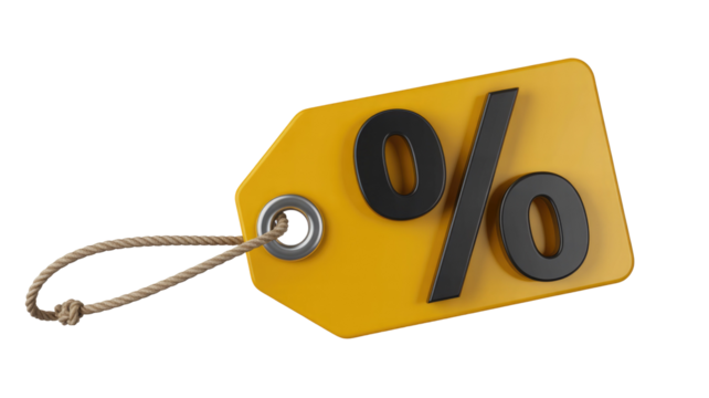 A vibrant 3D yellow discount tag prominently displaying a black percentage symbol, secured with a rustic rope and metal grommet. background removed - Powered by Adobe