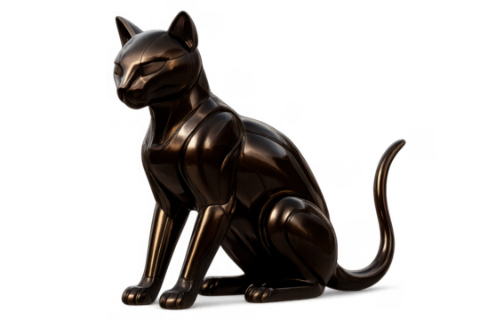 Futuristic cat statue in bronze, a modern stylized robotic feline sculpture symbolizing ai and technology