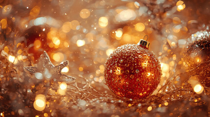 Happy New Year 2026. Beautiful Christmas background, banner made of glass Christmas balls.