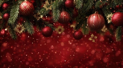 Festive christmas tree garland with red ornaments and falling snowflakes creating a cozy holiday atmosphere