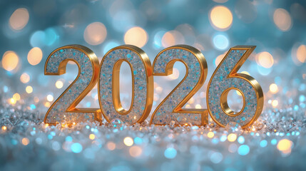 Banner. Shiny gold numbers 2026 and a beautiful bokeh on a blue background. Happy New Year and Christmas.