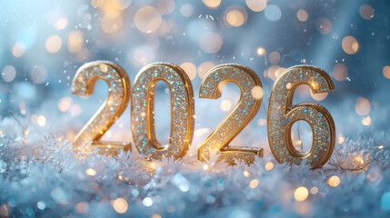 Banner. Shiny gold numbers 2026 and a beautiful bokeh on a blue background. Happy New Year and Christmas.