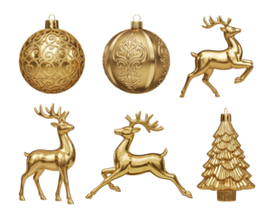 Set of golden Christmas ornaments including baubles, reindeer, and tree isolated on white.