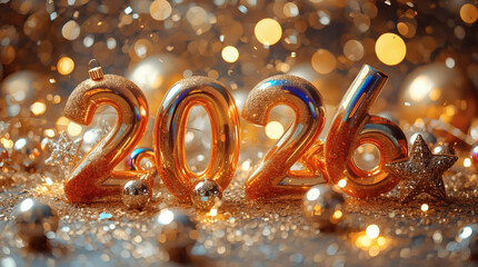 Banner. Shiny gold numbers 2026 and a beautiful bokeh on a red background. Happy New Year and Christmas.