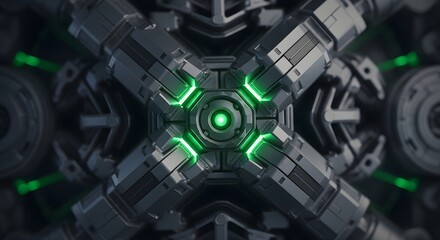 Fototapeta premium Abstract 3D rendering of a high-tech mechanical structure with a central green glowing energy core