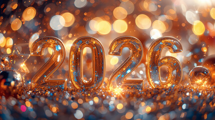 Banner. Shiny gold numbers 2026 and a beautiful bokeh on a red background. Happy New Year and Christmas.