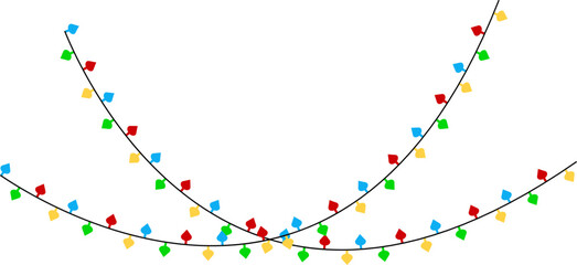 Colorful string lights, festive decorative bulb garlands in multiple shapes and curves, holiday illumination decoration vector design on transparent background
