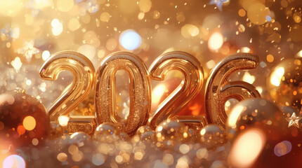 Banner. Shiny gold numbers 2026 and a beautiful bokeh on a red background. Happy New Year and Christmas.