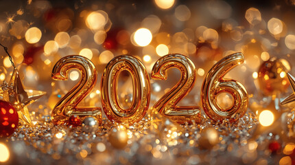 Banner. Shiny gold numbers 2026 and a beautiful bokeh on a red background. Happy New Year and Christmas.