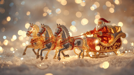 The symbol of the year. Horses pulling a sleigh with Santa Claus. A luxurious poster or banner for a party and New Year's Eve. Happy New Year 2026.