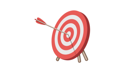 A 3D render of a red and white archery target with an arrow hitting near the bullseye, symbolizing success, precision, and goal achievement. background removed