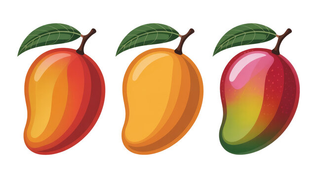 Three vibrant, cartoon-style mangoes with leaves and stems, showcasing different ripening stages and colors, from golden yellow to radiant red-green. background removed