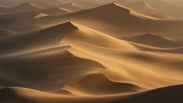 Time lapse Mesmerizing natural patterns of vast desert sand dunes sculpted by wind and light, with golden hues and deep shadows creating an ethereal and undulating landscape