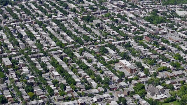 Aerial view of Verdun residential district with dense housing and green streets. g.