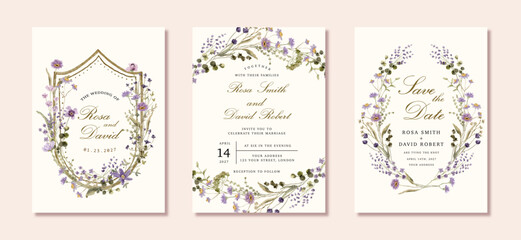 wedding invitation card set with purple wildflower watercolor frame