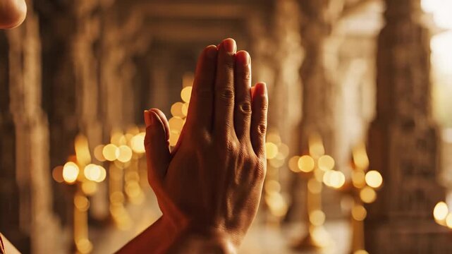 Praying hands are centered with candlelit temple pillars in blurred background radiating a warm spiritual ambiance