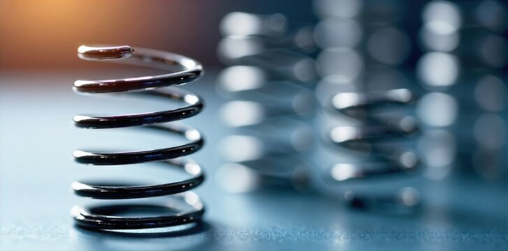 Varying sizes of spring coils, organized display, engineering components A clean, organized arrangement of various sized metal springs, from small to large. Shot from a slightly elevated angle in a
