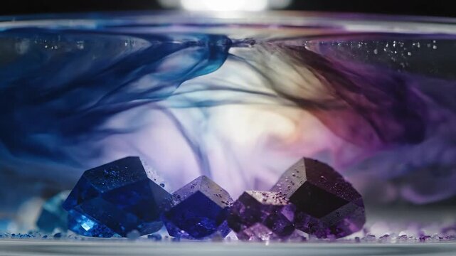 A digital illustration of two purple crystals with holographic details in a colorful, dreamy background. - Powered by Adobe