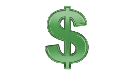 A vibrant, glossy green 3D dollar sign stands prominently against a deep transparent background, symbolizing finance, wealth, and prosperity. background removed