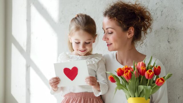 Touching Mother's Day moment with mom and daughter exchanging loving smiles and a heart card, 4K