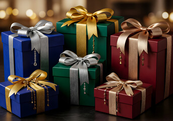 A luxurious arrangement of various sizes of gift boxes wrapped in jewel tones: rich blue, deep green, and burgundy red, adorned with shimmering gold and silver satin ribbons.