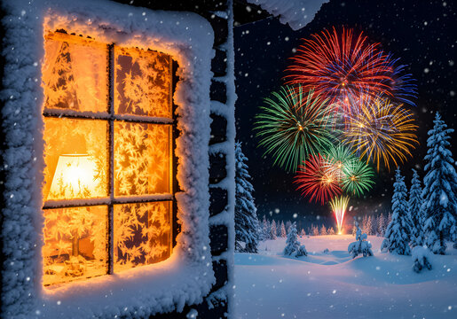 A split scene showing a cozy, warmly lit interior through a snowy, frosted cabin window on the left, contrasted with a cold winter landscape and colorful fireworks display outside on the right.