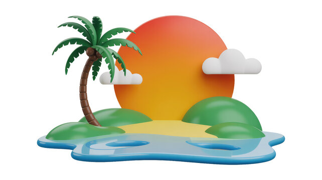 A charming 3D tropical island scene featuring a palm tree, sandy beach, blue water, green hills, white clouds, and a vibrant sunset. background removed - Powered by Adobe