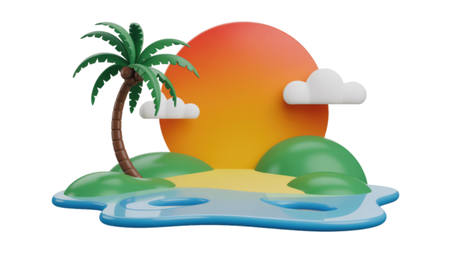 A charming 3D tropical island scene featuring a palm tree, sandy beach, blue water, green hills, white clouds, and a vibrant sunset. background removed