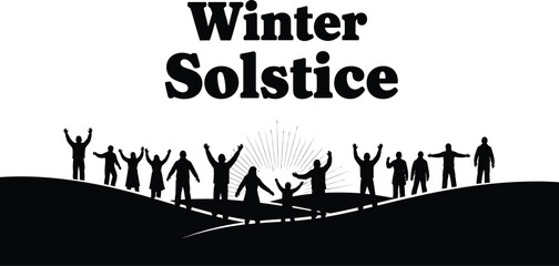 Winter solstice illustration featuring people celebrating on a hill