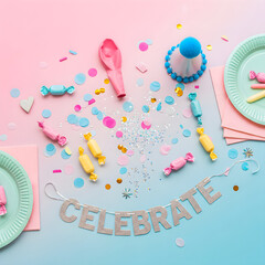 Overhead flat lay of colorful party supplies scattered across a pink and blue gradient background.