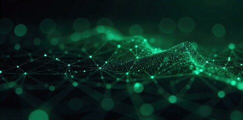 Interconnected digital barcode nodes forming a network or data flow. An abstract representation of interconnected digital barcode nodes forming a flowing network. Glowing light trails of cyan and