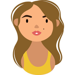 Portrait of a Young Woman with Long Wavy Brown Hair and a Yellow Top Wearing Pink Lipstick and a Small Mole on Her Cheek