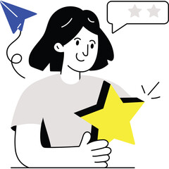 Positive Customer Feedback Young Woman Holding Yellow Star Symbol With Two Stars Rating In Speech Bubble And Blue Paper Airplane Illustration Transparent Background