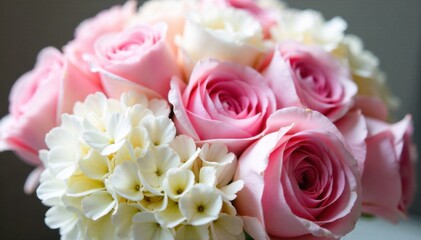Obraz premium Delicate pastel bouquet arrangement with soft lighting, symbolizing spring and romance. A close up, overhead shot of a beautifully arranged bouquet of pastel colored flowers including roses, peonies,