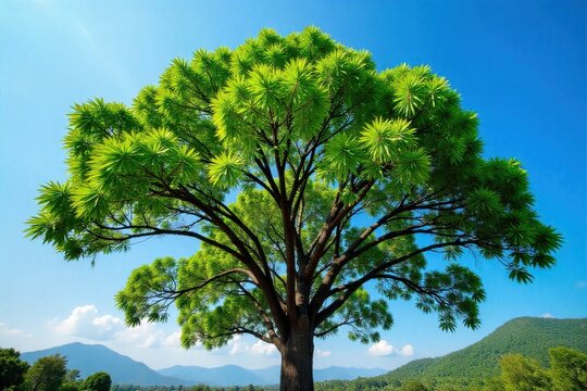 Bayan Tree Canopy Against Blue Sky A wide angle view of the expansive canopy of a lush bayan tree, its branches and leaves reaching towards a clear, vibrant blue sky. Sunlight filters through the